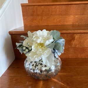 Elegant Silver Vase with White and Blue Floral Arrangement